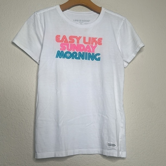 Life is Good Easy Like Sunday Morning Retro tee Oversized White 70s Size Small - Picture 5 of 11